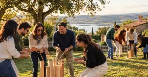 Grupos de empresa haciendo team ║ ║ building al aire libre en jardines ║ ║ naturales cerca de Madrid