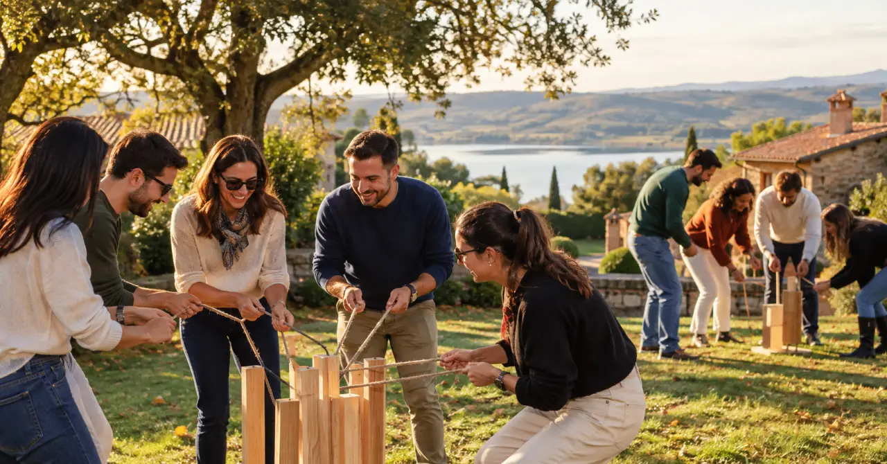 Grupos de empresa haciendo team ║ ║ building al aire libre en jardines ║ ║ naturales cerca de Madrid