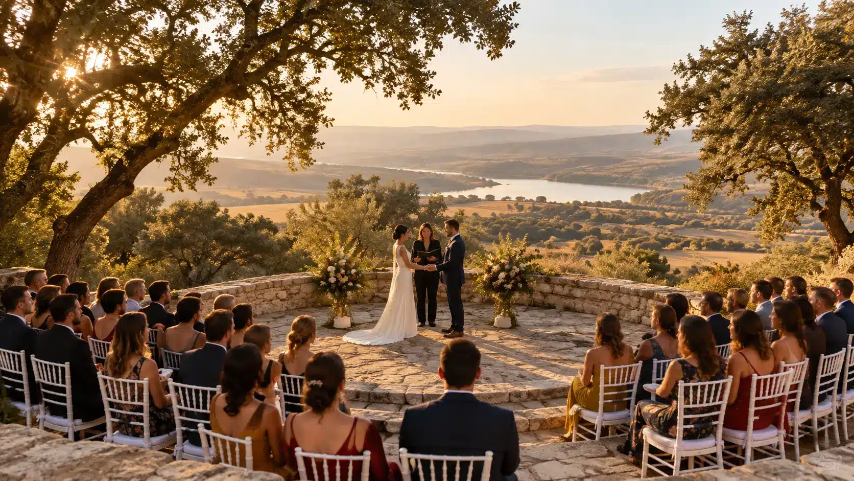 Ceremonia de boda civil al aire libre en anfiteatro natural con vistas a la Vega de Aranjuez, Alto del Cenador